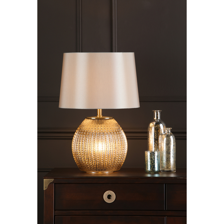 Dar Sonia Dual-Lit Table Lamp Antique Brass With Silver Textured Glass & Taupe Shade