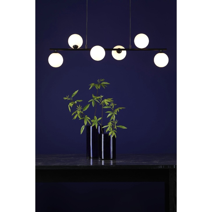 Dar Spiral 6 Light Linear Bar Pendant Matt Black With Opal Glass Globes