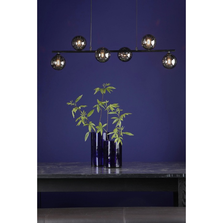 Dar Spiral 6 Light Linear Bar Pendant Matt Black With Smoked Glass Globes