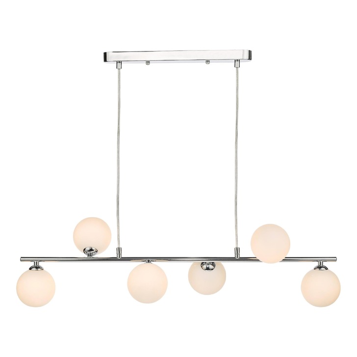 Dar Spiral 6 Light Linear Bar Pendant Polished Chrome With Opal Glass Globes