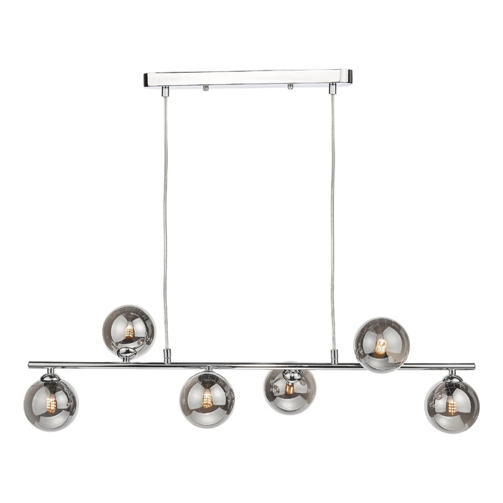 Dar Spiral 6 Light Linear Bar Pendant Polished Chrome With Smoked Glass Globes