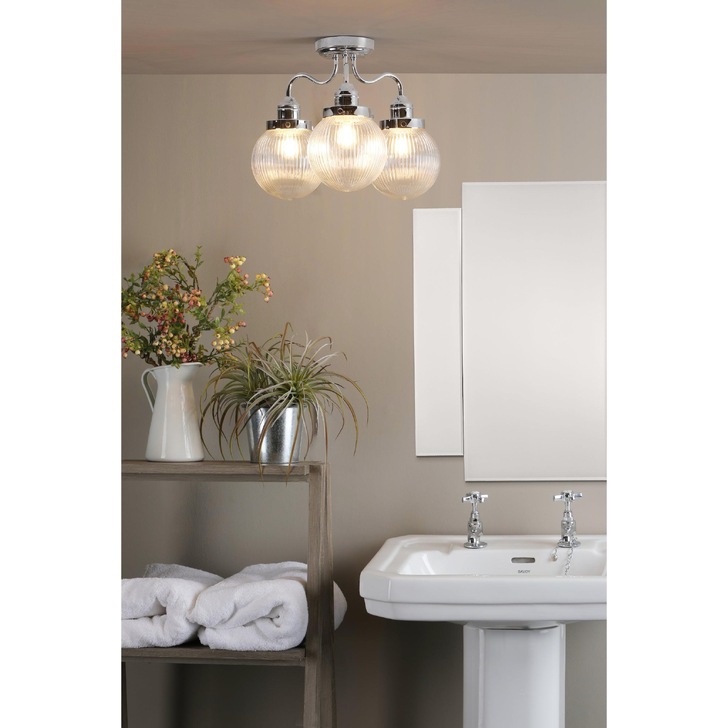 Dar Tamara 3 Light Semi-Flush Bathroom Ceiling Light Polished Chrome With Clear Ribbed Glass Shades - IP44