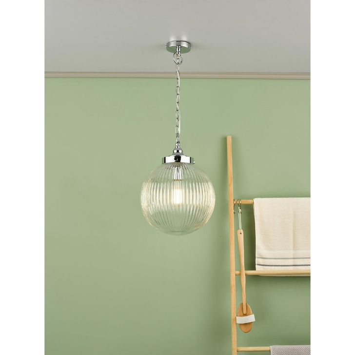 Dar Tamara Single Bathroom Pendant Light Polished Chrome With Clear Ribbed Glass Shade - IP44