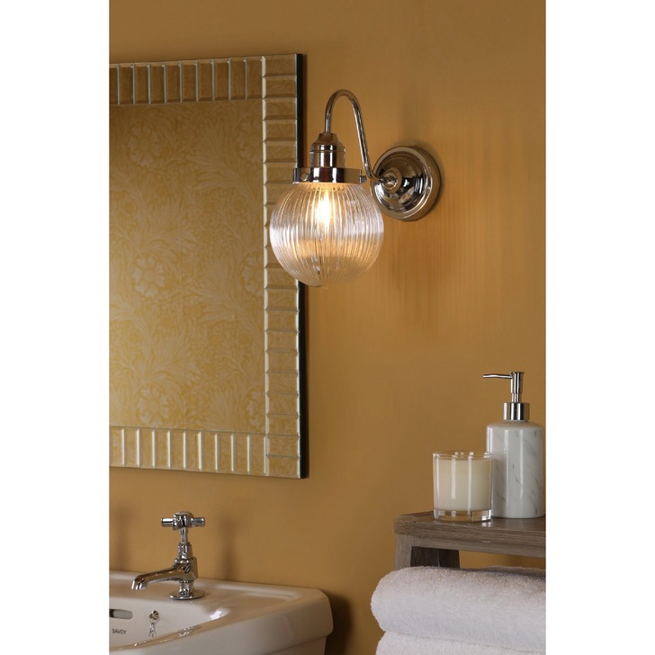 Dar Tamara Single Bathroom Wall Light Polished Chrome With Clear Ribbed Glass Shade - IP44