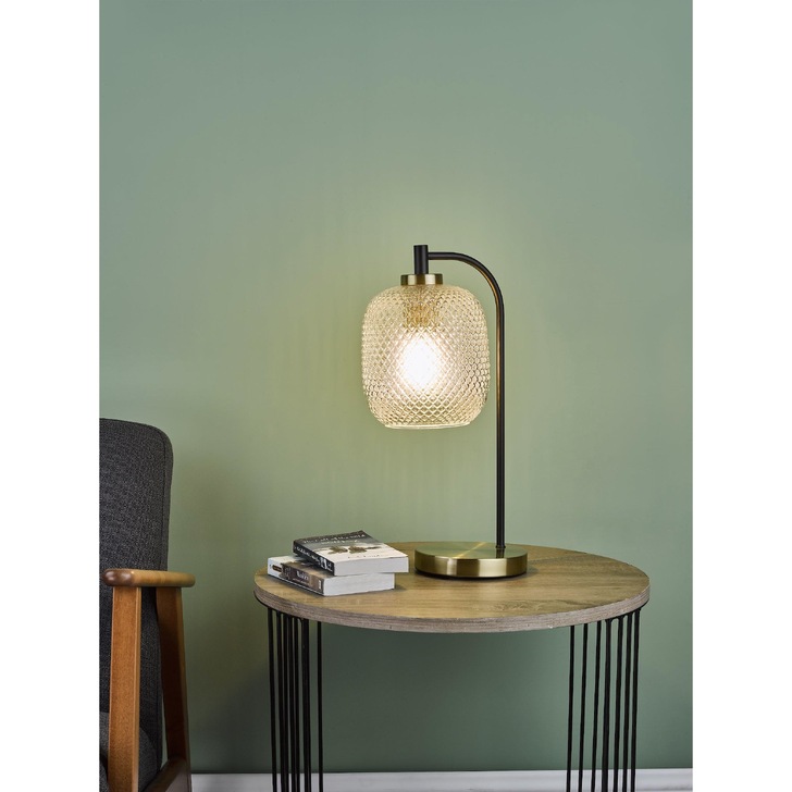 Dar Tehya Table Lamp Matt Black With Antique Brass Detailing & Clear Textured Glass Shade