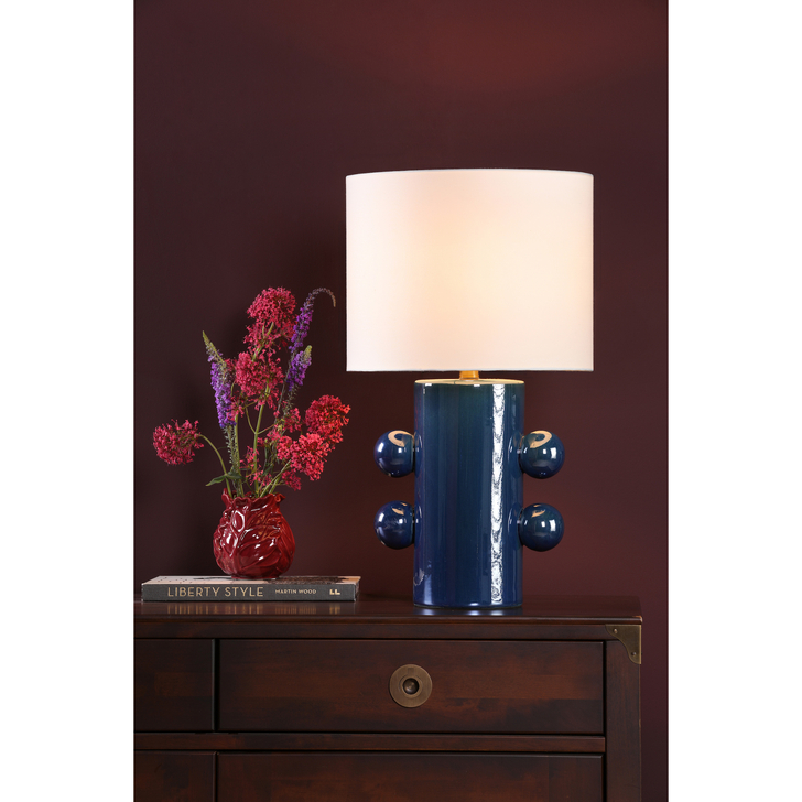 Dar Tisha Blue Table Lamp With Ivory Linen Drum Shade