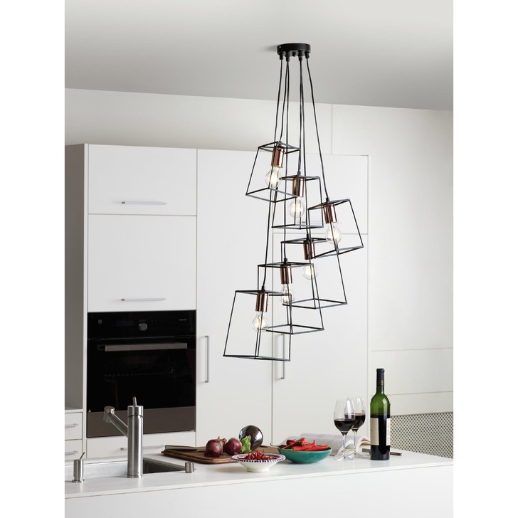 Dar Tower TOW0622 Matt Black & Polished Copper 6 Light Cluster Pendant