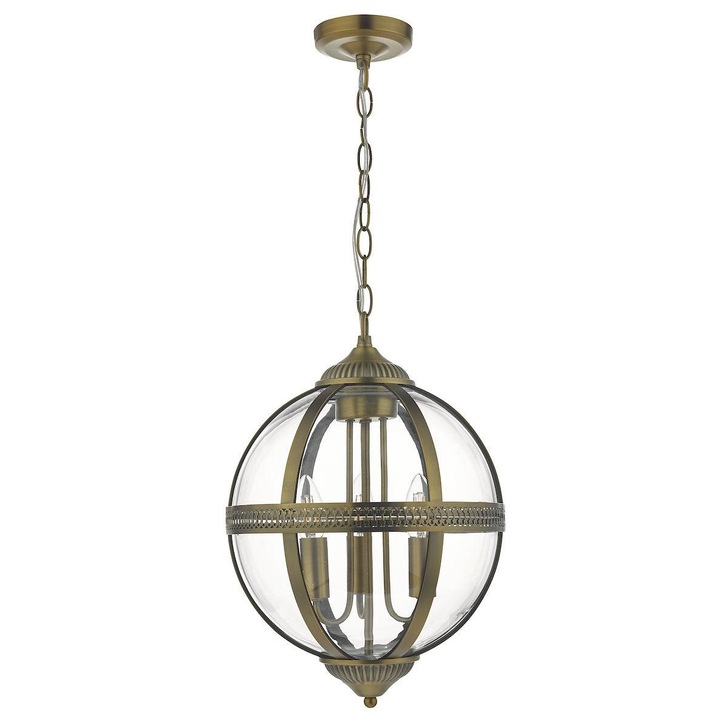 Dar Vanessa VAN0375 3 Light Pendant In Antique Brass And Clear Glass Finish