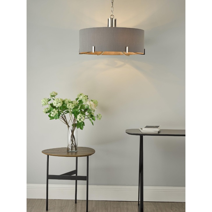 Dar Veyron 6 Light Pendant In Polished Nickel Complete With Grey Shade