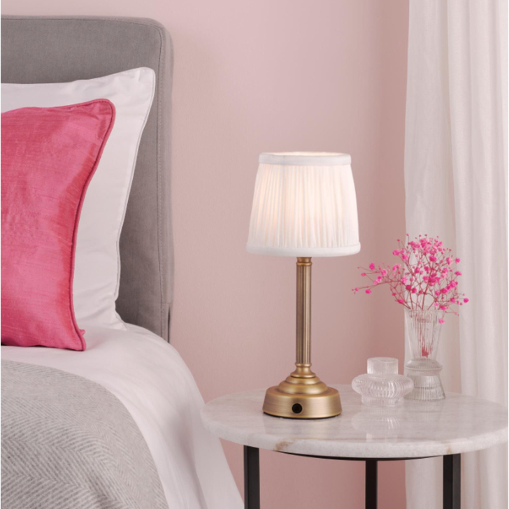 Dar Virgil Wireless USB Rechargeable Table Lamp Matt Antique Brass With White Pleated Shade - Touch Dimmer 2800K Warm White LED