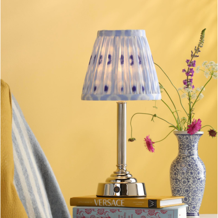 Dar Virgil Wireless USB Rechargeable Table Lamp Polished Nickel With Blue Mix Pattern Shade - Touch Dimmer 2800K Warm White LED