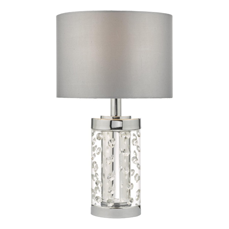 Dar Yalena YAL4108 Polished Chrome/Clear Glass Small Crystal Table Lamp Complete With Grey Faux Silk Shade