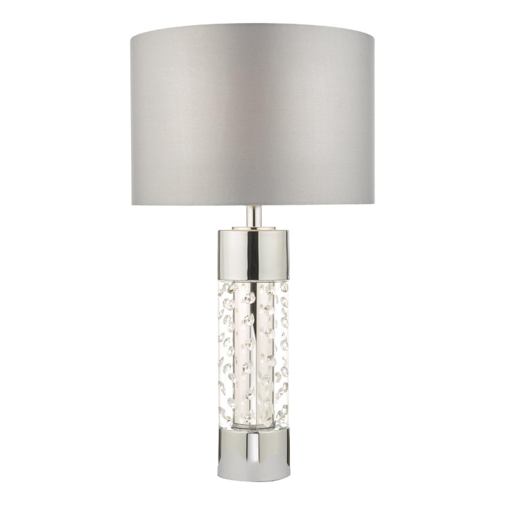 Dar Yalena YAL4208 Polished Chrome/Clear Glass Large Crystal Table Lamp Complete With Grey Faux Silk Shade