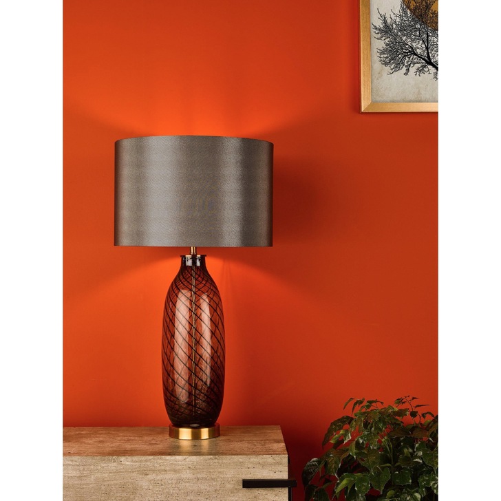 Dar Zeya Smoked Glass/Satin Brass Table Lamp Complete With Grey Faux SIlk Shade