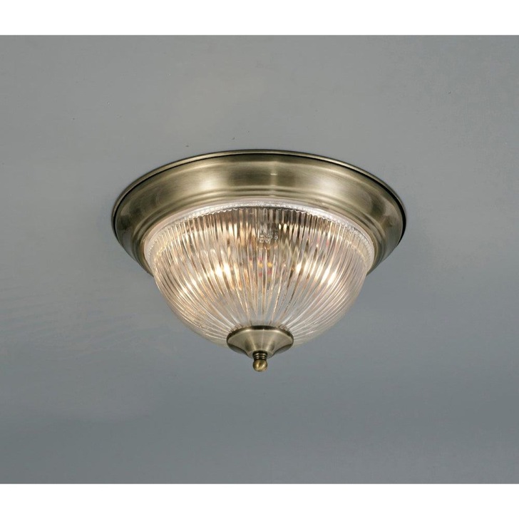 Deco Macy D0405 Antique Brass 2 Light Flush Ceiling Light With Clear Ribbed Glass - IP44