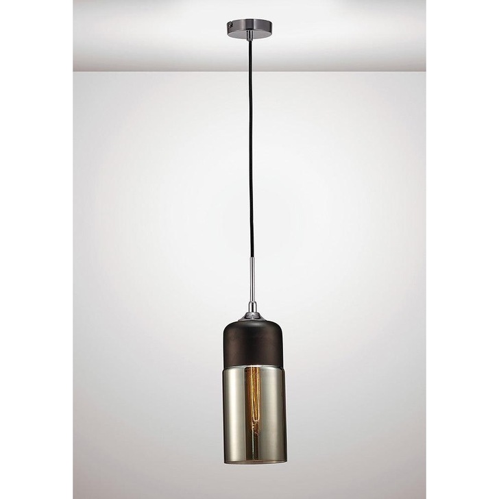 Deco Mia D0115 Polished Chrome & Black Cylindrical Single Pendant With Smoked Glass