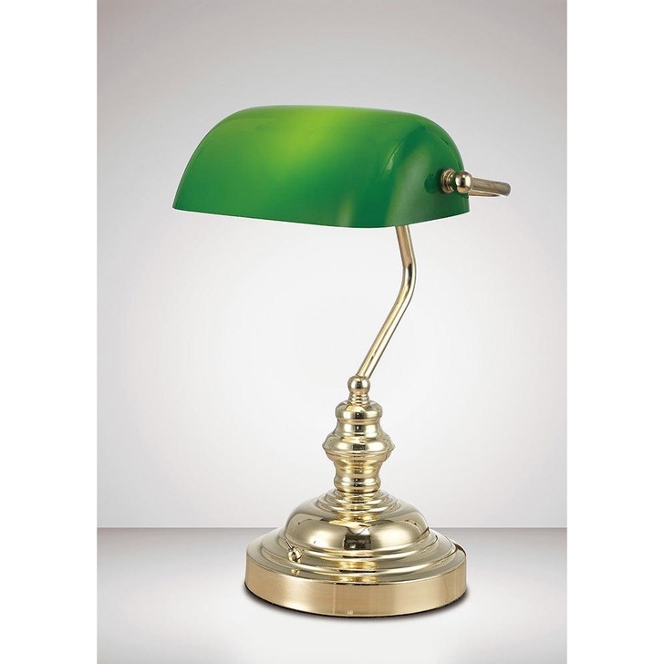 Deco Morgan D0084 Polished Brass Bankers Table Lamp With Green Glass