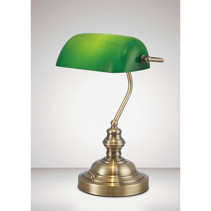 Deco Morgan D0085 Antique Brass Bankers Table Lamp With Green Glass