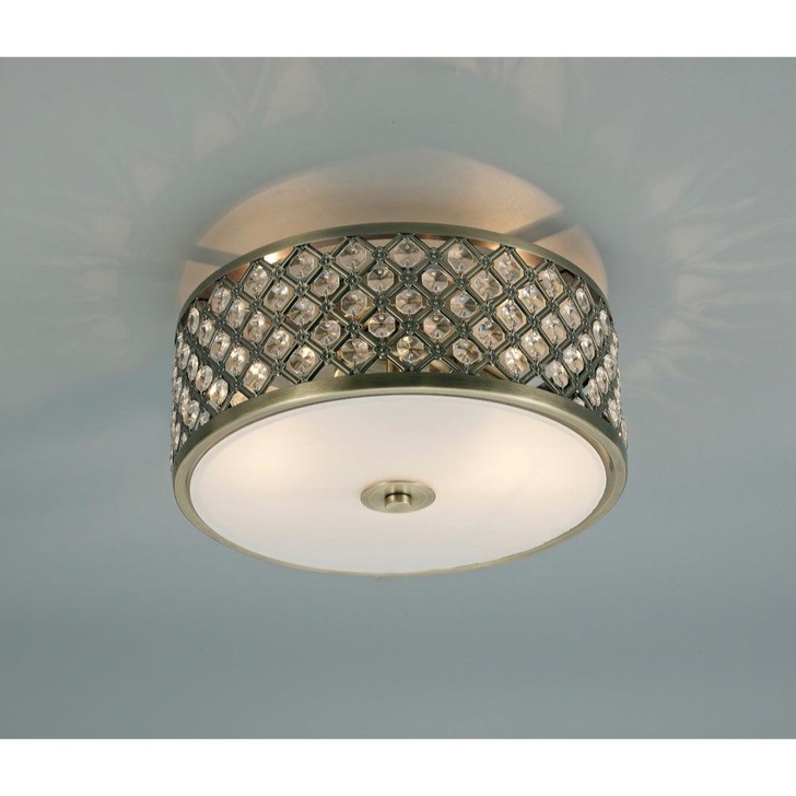 Deco Sasha D0412 Antique Brass 2 Light Flush Ceiling Light With Crystal Glass And Opal Glass Diffuser