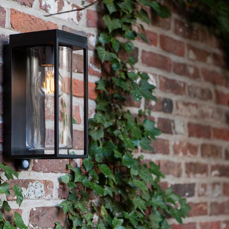 Decorative Solar Powered Exterior Wall Light In Black With Clear Cylindrical Glass & Decorative Light Bulb - 2700K, IP44