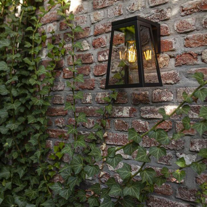 Decorative Solar Powered Exterior Wall Light In Black With Clear Glass Panels & Decorative Light Bulb - 2700K, IP44