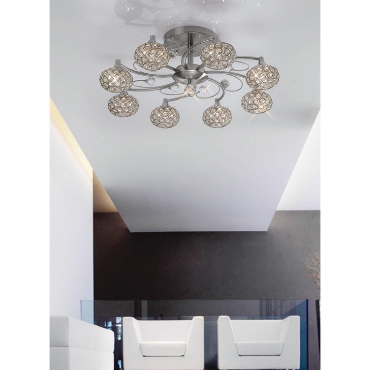 Diyas Cara IL30938 Satin Nickel 8 Light Semi Flush Crystal Ceiling Light