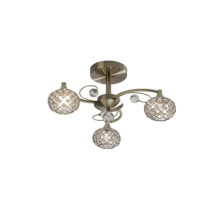 Diyas Cara IL30943 Antique Brass 3 Light Semi Flush Crystal Ceiling Light