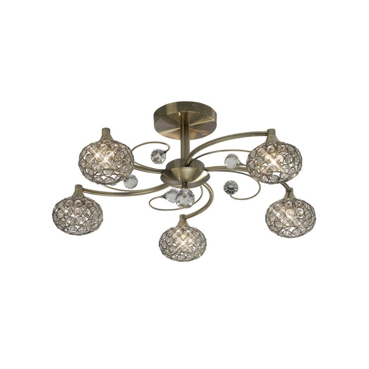 Diyas Cara IL30945 Antique Brass 5 Light Semi Flush Crystal Ceiling Light