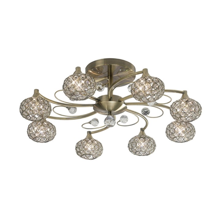 Diyas Cara IL30948 Antique Brass 8 Light Semi Flush Crystal Ceiling Light