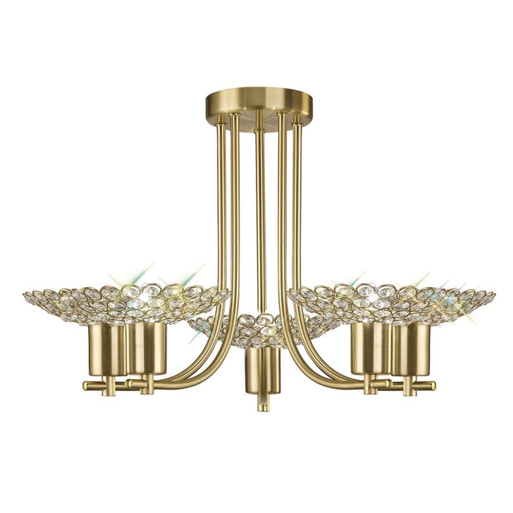 Diyas Ellen IL20602 Satin Brass 5 Light Semi Flush Crystal Ceiling Light