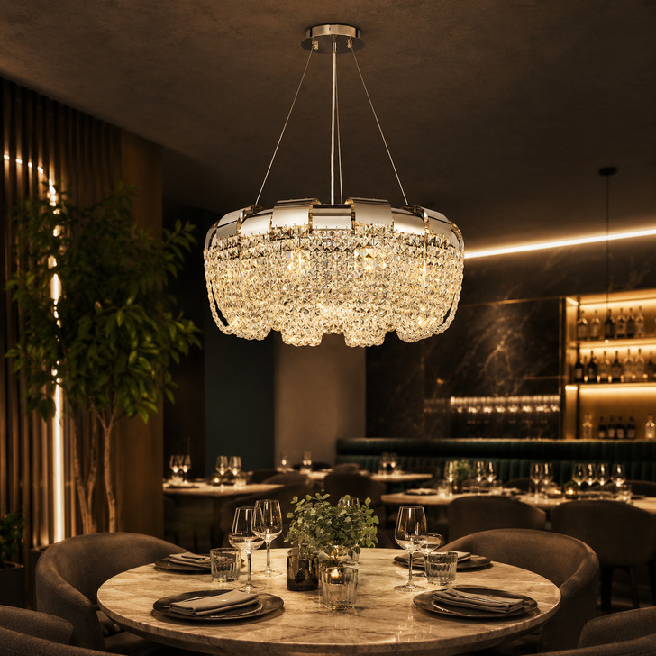 Diyas Kalani Polished Nickel Finish 10 Light Crystal Pendant - 60cm