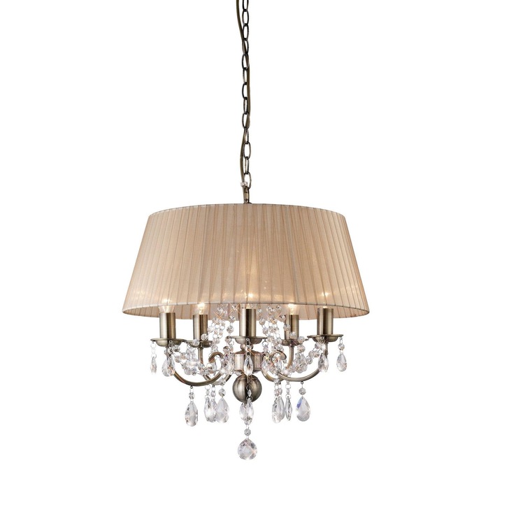 Diyas Olivia IL30047 Antique Brass 5 Light Crystal Pendant Complete With Soft Bronze Shade