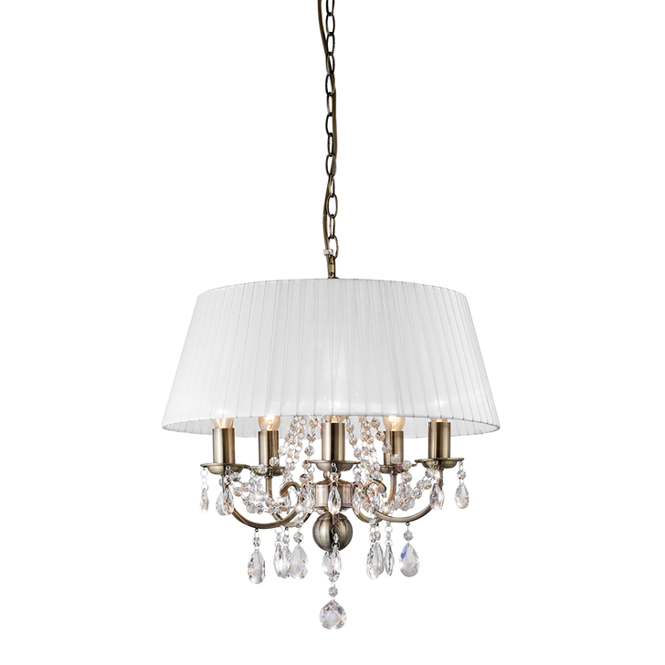 Diyas Olivia IL30047/WH Antique Brass 5 Light Crystal Pendant Complete With White Shade