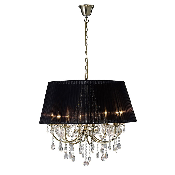 Diyas Olivia IL30057/BL Antique Brass 8 Light Crystal Pendant Complete With Black Shade