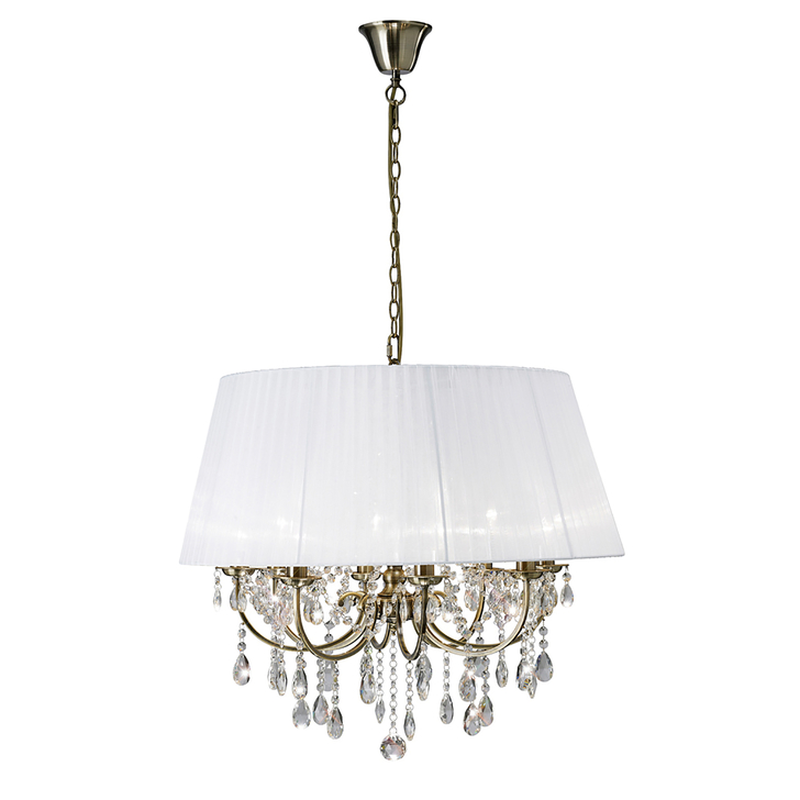 Diyas Olivia IL30057/WH Antique Brass 8 Light Crystal Pendant Complete With White Shade