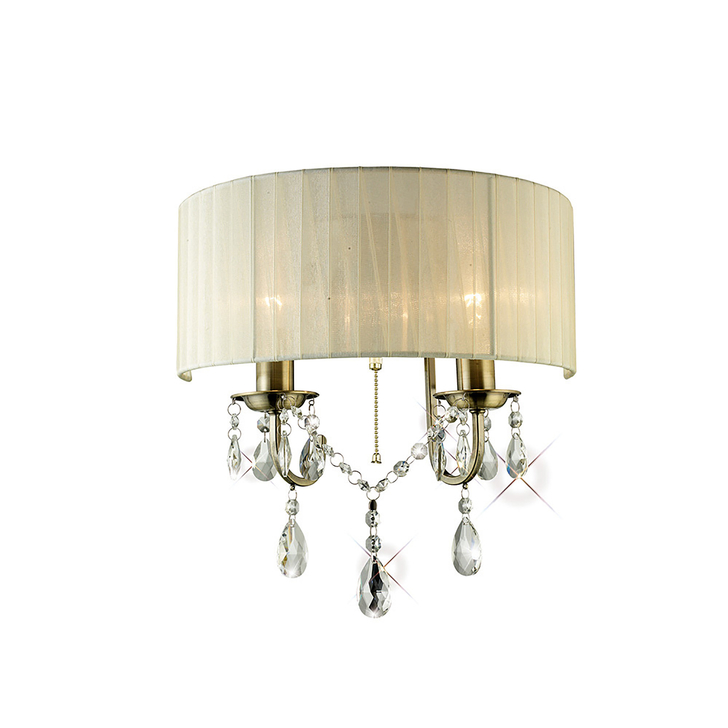 Diyas Olivia IL30064/CR Antique Brass 2 Light Crystal Wall Light Complete With Ivory Cream Shade