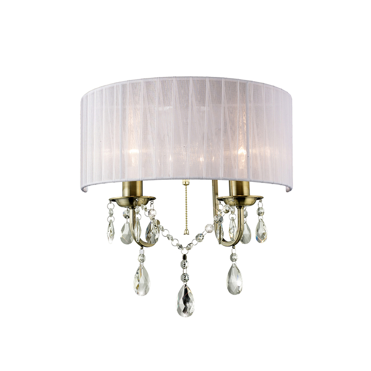 Diyas Olivia IL30064/WH Antique Brass 2 Light Crystal Wall Light Complete With White Shade