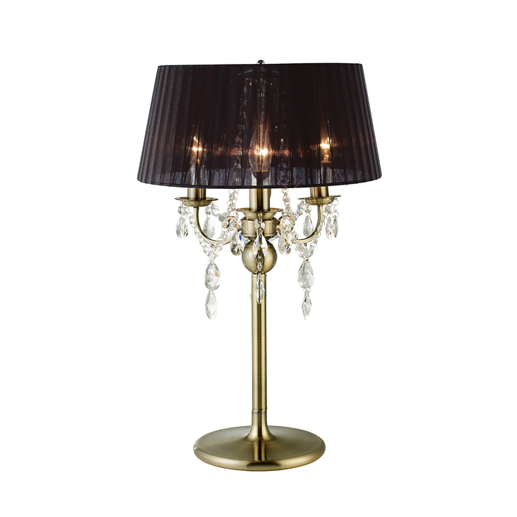 Diyas Olivia IL30065/BL Antique Brass 3 Light Crystal Table Lamp Complete With Black Shade