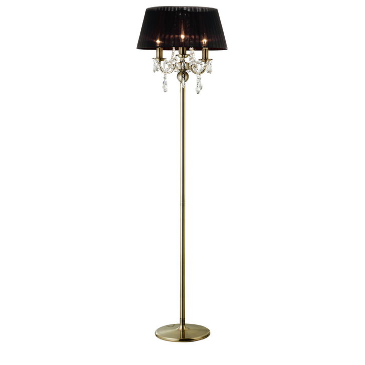 Diyas Olivia IL30066/BL Antique Brass 3 Light Crystal Floor Lamp Complete With Black Shade