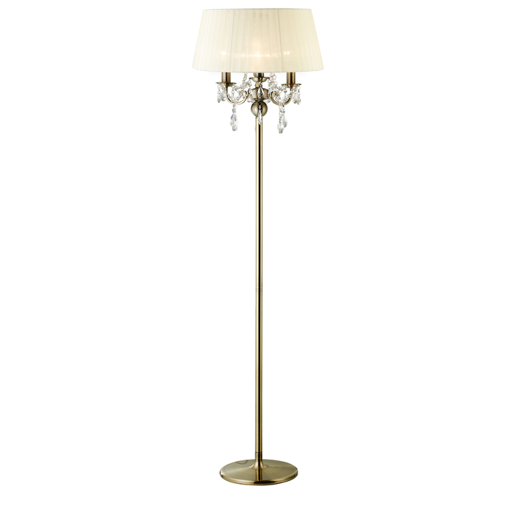 Diyas Olivia IL30066/CR Antique Brass 3 Light Crystal Floor Lamp Complete With Cream Shade