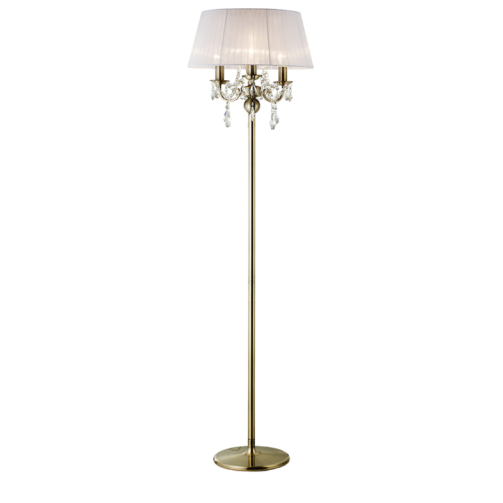 Diyas Olivia IL30066/WH Antique Brass 3 Light Crystal Floor Lamp Complete With White Shade