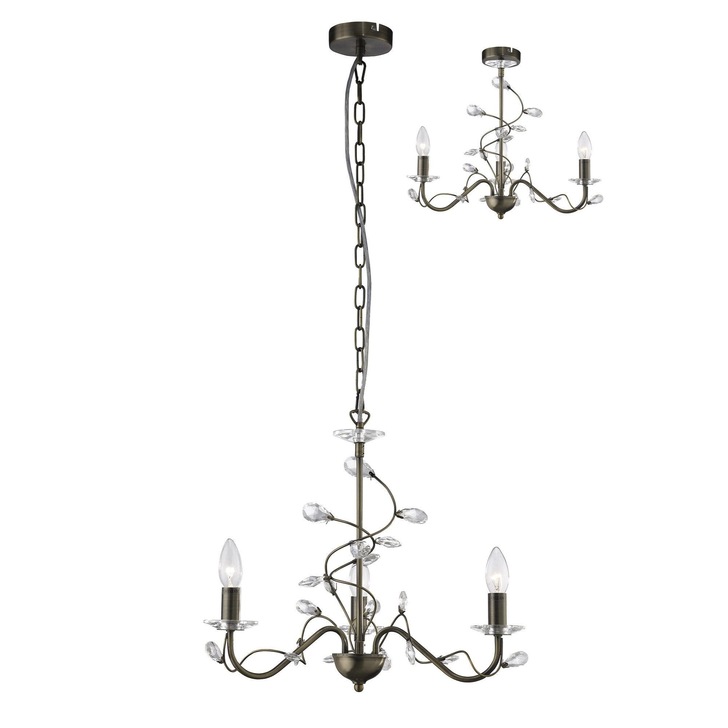 Diyas Willow IL31223 Antique Brass 3 Light Crystal Chandelier - Fitting Only