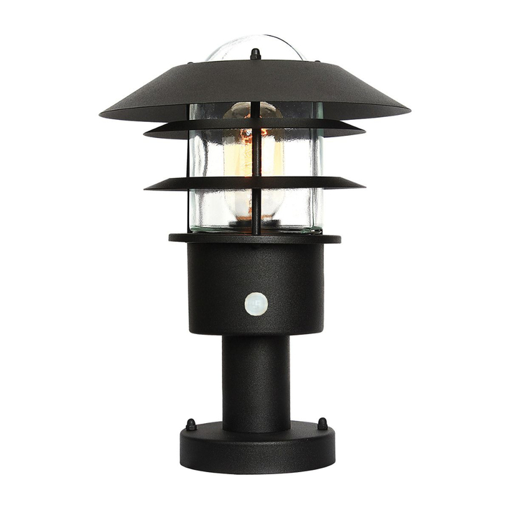 Elstead Helsingor Black Outdoor Pedestal Light With Pir Sensor And Clear Glass - IP44 - Coastal Suitable