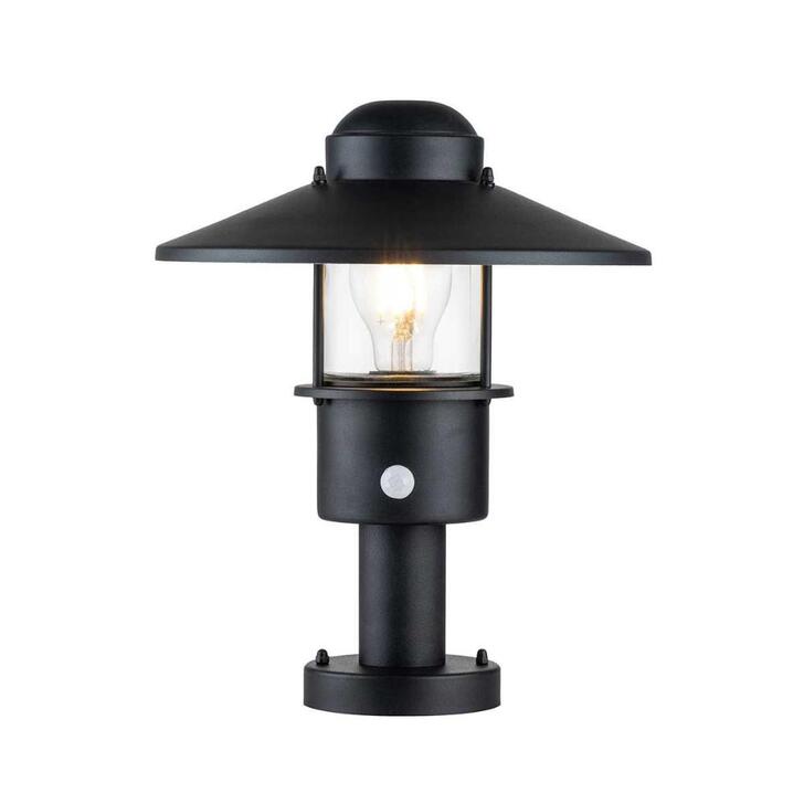 Elstead Klampenborg Black Outdoor Pedestal Light With Pir Sensor And Clear Glass - IP44 - Coastal Suitable