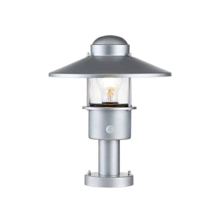 Elstead Klampenborg Silver Outdoor Pedestal Light With Pir Sensor And Clear Glass - IP44 - Coastal Suitable