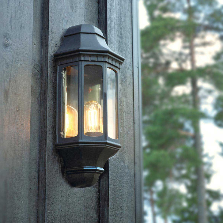 Elstead Malaga Aluminium Outdoor Black Half Wall Lantern Complete With Clear Polycarbonate Lens - IP54 - Coastal Suitable
