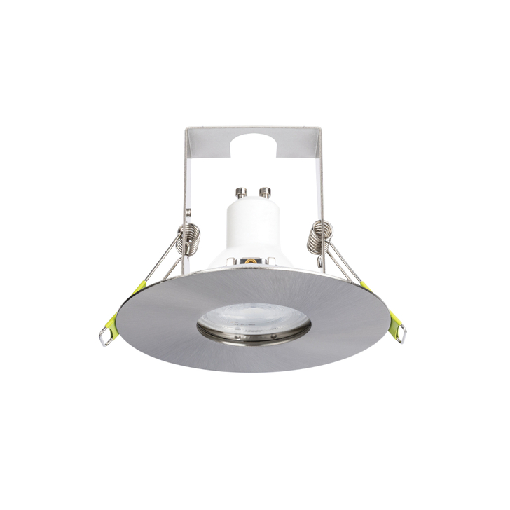 Evofire Maxi Ultra Slim 110mm Satin Nickel Fixed Round Fire Rated Ip65 Downlight With Insulation Guard - 70-100mm Cut Out  - Gu10
