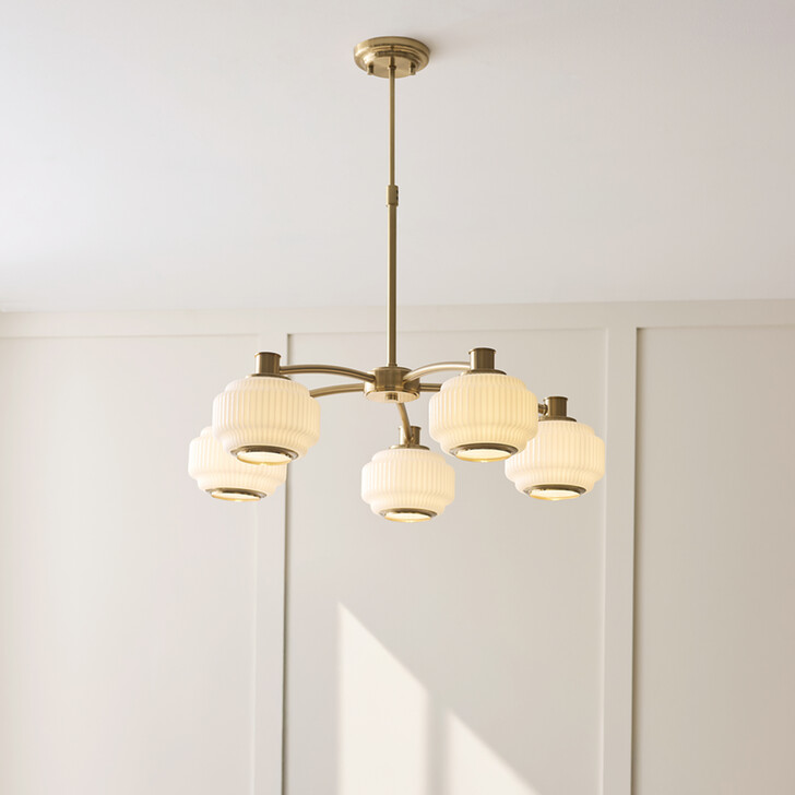 Evora Brushed Aged Brass 5 Light Pendant Complete With Opal Gloss Ribbed Shades