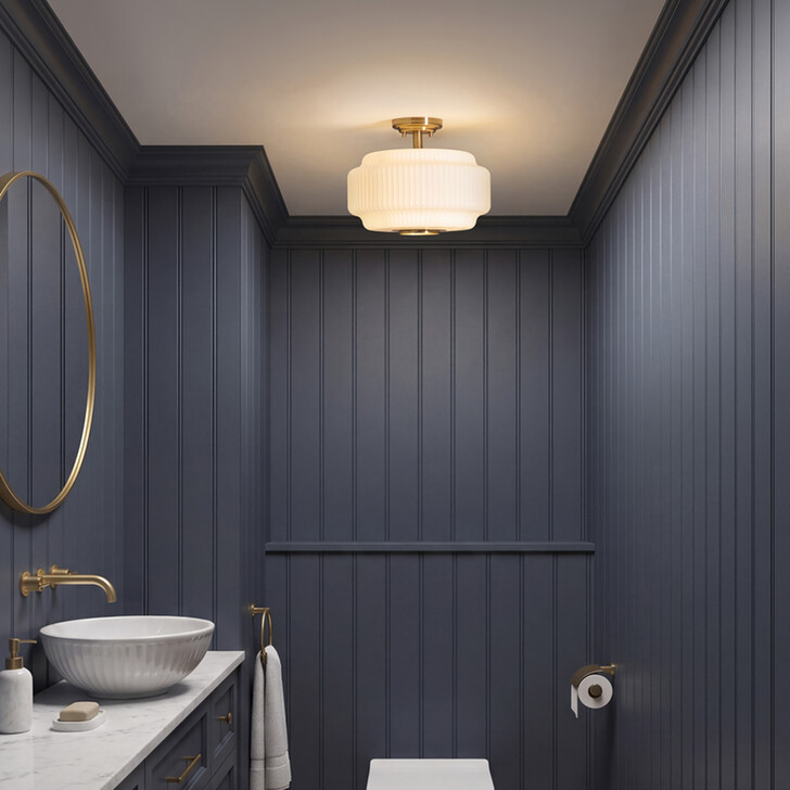 Evora Brushed Aged Brass Flush Ceiling Light Complete With Opal Gloss Ribbed Shade