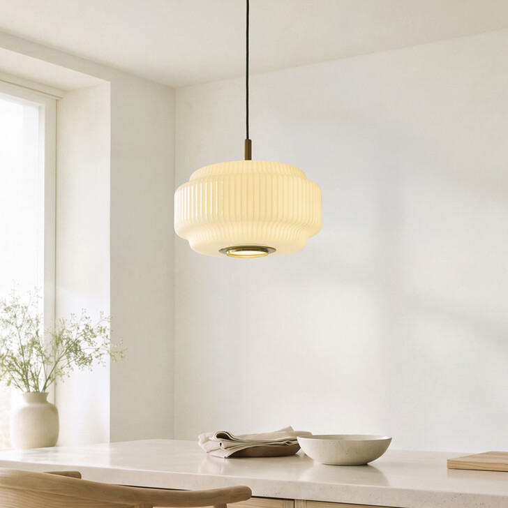 Evora Brushed Aged Brass Shallow Single Pendant Light Complete With Opal Gloss Ribbed Shade